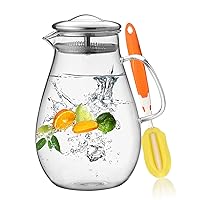 Hiware 64 Ounces Glass Pitcher with Lid/Water Pitcher with Handle - Good Beverage Carafe Pitcher for Juice, Milk, Beverage, Hot/Cold Water & Iced Tea, Cleaning Brush Included