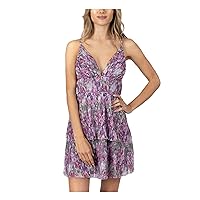 Speechless Womens Purple Pleated Zippered Tiered Skirt; Floral Spaghetti Strap V Neck Above The Knee Fit + Flare Dress Juniors 0
