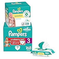 Diapers Size 3, 168 Count and Baby Wipes - Pampers Pull On Cruisers 360° Fit Baby Diapers with Stretchy Waistband, ONE MONTH SUPPLY with Sensitive Wipes, 6X Pop-Tops, 336 Count (Packaging May Vary)