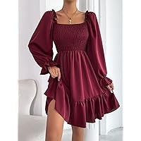 Dresses for Women - Square Neck Shirred Bodice Flounce Sleeve Ruffle Hem Dress (Color : Burgundy, Size : Medium)