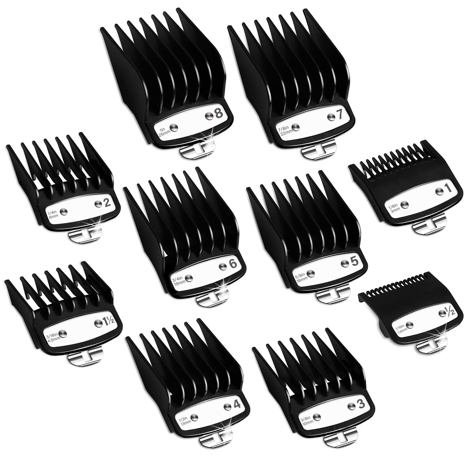 Professional Hair Clipper Guards Guides 10 Pcs Coded Cutting Guides #3170-400- 1/8” to 1 fits for All Wahl Clippers(Black-10 pcs)
