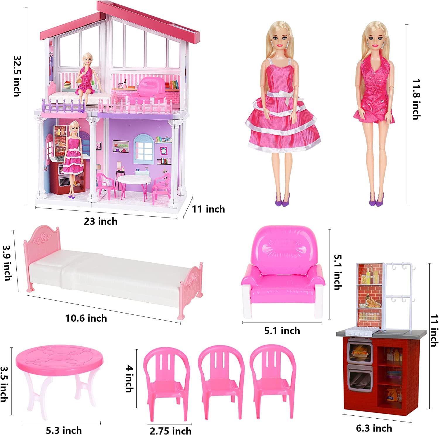 Doll House Large Plastic Dollhouse and Big Dreamhouse with Doll House Furniture, Pretend Play Toys Gifts for Girls,Fully Furnished Fashion Dollhouse