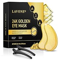 Eye Mask - 20 Pairs 24K Gold Under Eye Patches - Under Eye Mask Skin Care for Dark Circles and Puffiness, Reduce Wrinkles, Eye Bags and Fine Lines, with Hair Clips, for Women and Man
