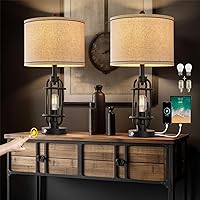 Industrial Black Metal Table Lamps Living Room 23.75'' Lamp for Nightstand Set of 2 Bedside End Lamp Home Decor Touch Lamp Modern Lamps with USB Ports and Outlets