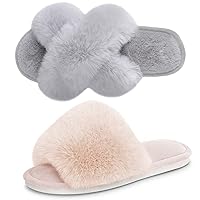 Parlovable Set of 2 Pairs-Women's Furry Slippers Cross Band (Grey) & Open Toe (Beige) Slippers Plush Fur Cozy Comfy House Bedroom Shoes Indoor, US Size 9-10