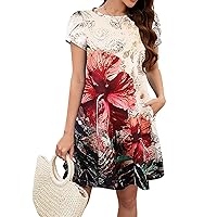 Bluetime Summer Dresses for Women 2024 Beach Floral Sundress Short Sleeve Pockets Casual Tshirt Dress