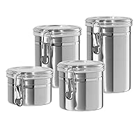 Oggi Set of 4 Stainless Steel Kitchen Canisters - Airtight Clamp Lid, Clear See-Thru Top - Ideal for Kitchen Storage, Food Storage, Pantry Storage - Includes 1 each: 26oz, 36oz, 47oz, 62oz.