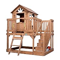 Backyard Discovery Scenic Heights All Cedar Wooden Playhouse, Upper Deck Cottage Style, Saloon Style Doors, Ladder, Stairs, Play Sink, Storage Toy Box, Cushioned Cot, Built-in Growth Chart