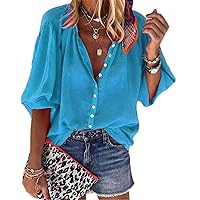 Andongnywell Blouses for Women Casual V Neck Solid Color Womens Long Sleeve Button Down Tops Chiffon Shirts