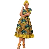 2022 African Dresses for Women, O-Neck, Print Ruffles, Knee-Length Customizable Dress with Turban Headwrap