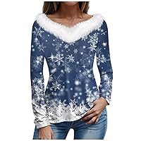 Womens Casual Tops Xmas Graphic Shirts Fleece V Neck T-Shirt Basic Cute Long Sleeve Blouses Plus Size Cozy Top