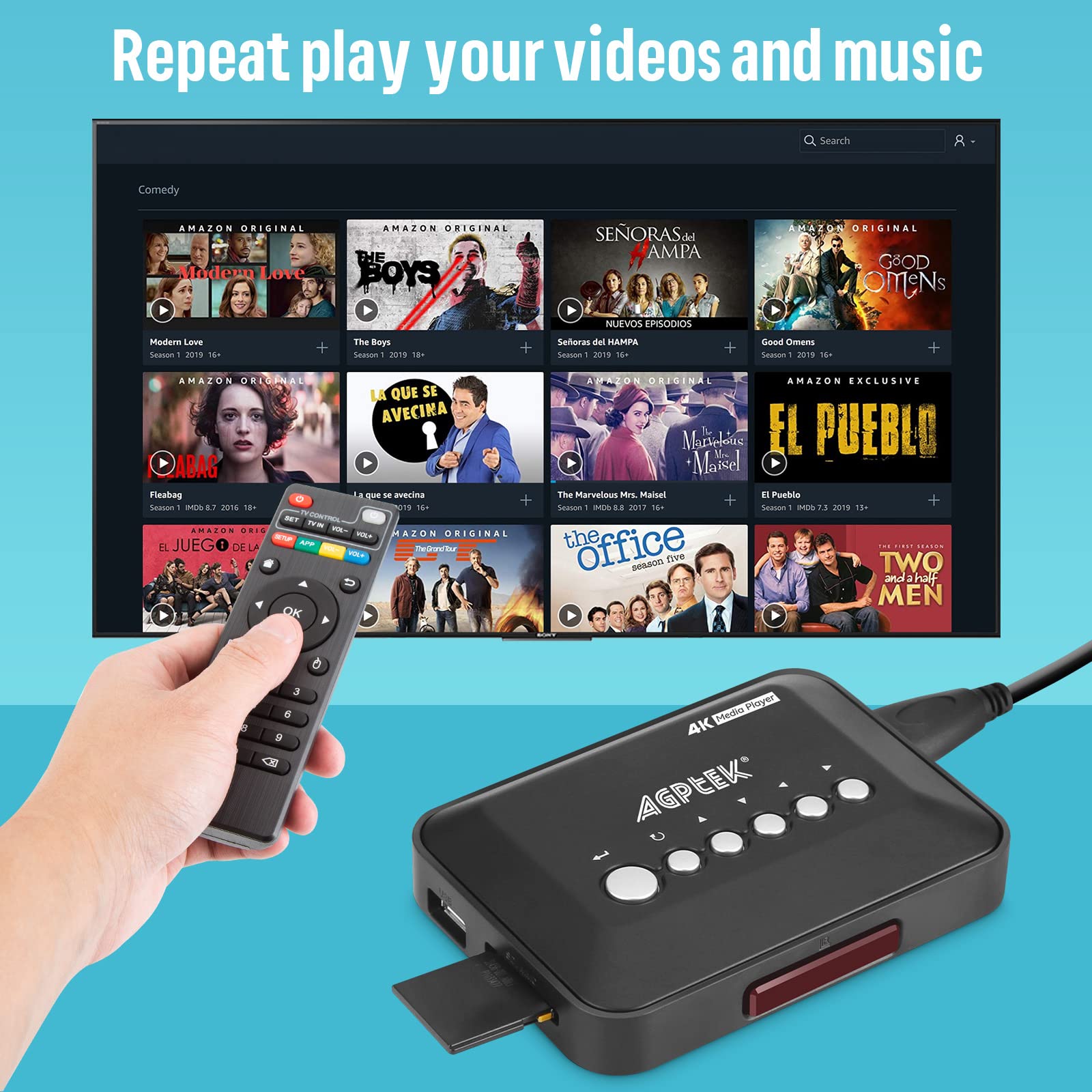 4K@30hz HDMI TV Media Player & A Remote Control, with HDMI/AV Output, Digital MP4 Player for 14TB HDD/ 512G USB Drive/SD Card/H.265 MP4, with Remote Control for MP3 AVI RMVB MPEG etc
