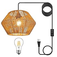 Boho Plug in Pendant Light,Rattan Hanging Lights with Plug in Cord 13FT Hemp Rope Cord, On/Off Switch Rattan Pendant Light for Living Room Bedroom（Bulb Included