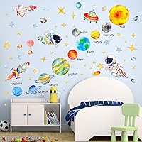 Astronaut & Solar System Wall Decals, Cartoon Spaceman Space Planet Star Spaceship UFO Wall Stickers, Kid Baby Boy Girl Room Decor for Nursery Bedroom Living Room Playroom Decorations