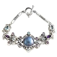 NOVICA Handmade Cultured Freshwater Pearl Amethyst Flower Bracelet .925 Sterling Silver Blue Topaz Mabe Purple White Pendant Indonesia Birthstone Balinese Traditional [7.5 in min L x 8 in max L x 0.1