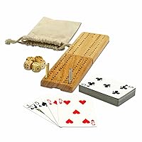 Cribbage Board Game Set, Travel Crib Board with Storage Slot and Drawstring Bag for Card Storage, Foldable 2 Track Cribbage Board with Cards, Metal Pegs and Dice, Mini Board Games