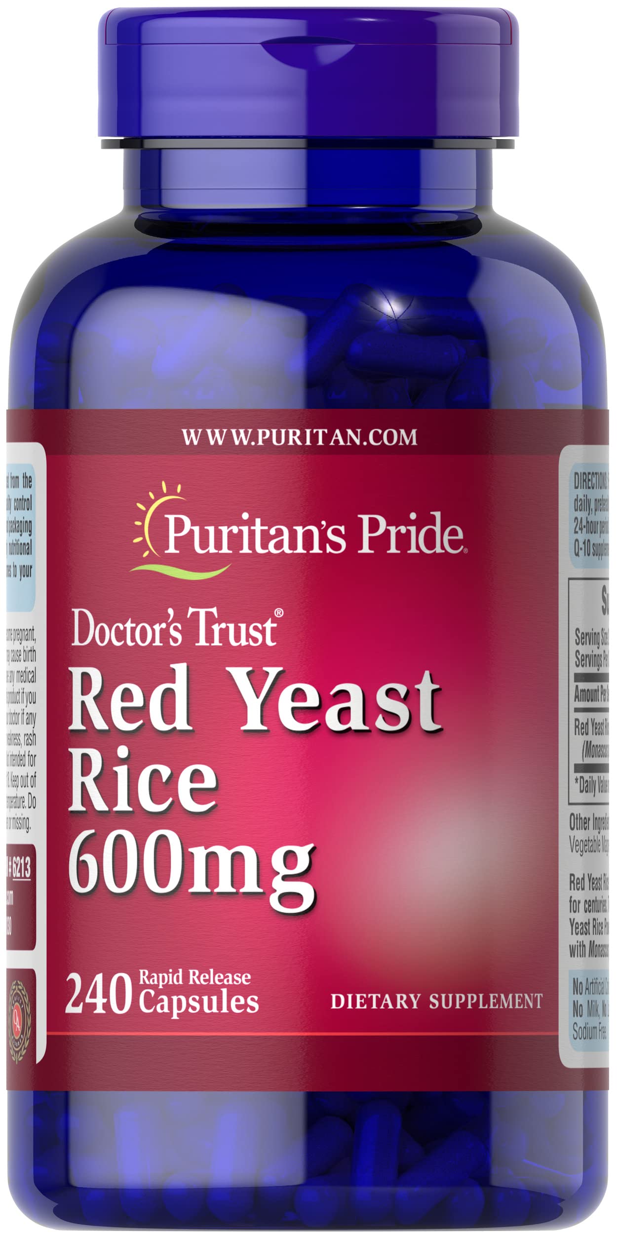 Puritan's Pride Red Yeast Rice 600 Mg, 240 Count, Red yeast rice powder, gelatin. Contains 2% of rice flour, silica, vegetable magnesium stearate
