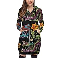 Dragons And Narcissus Flowers Women's Zippered Up Hoodies Tunic Sweatshirts Casual Long Hoodie Jacket