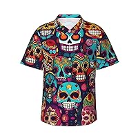 Sugar Skulls Men's Casual Button-Down Hawaiian Shirts â€“ Funky Tropical Summer Outfits â€“ Retro Printed Beach Wear for Men