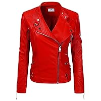 Red Faux Leather Jacket for Women - Red Biker Jacket for Womens with Adjustable Waist Buttons
