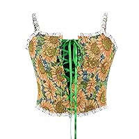 Womens Floral Lace Trim Lace-Up Retro Corset Cami Tops Summer Spaghetti Strap Square Neck Elegant Bustier Tank Top