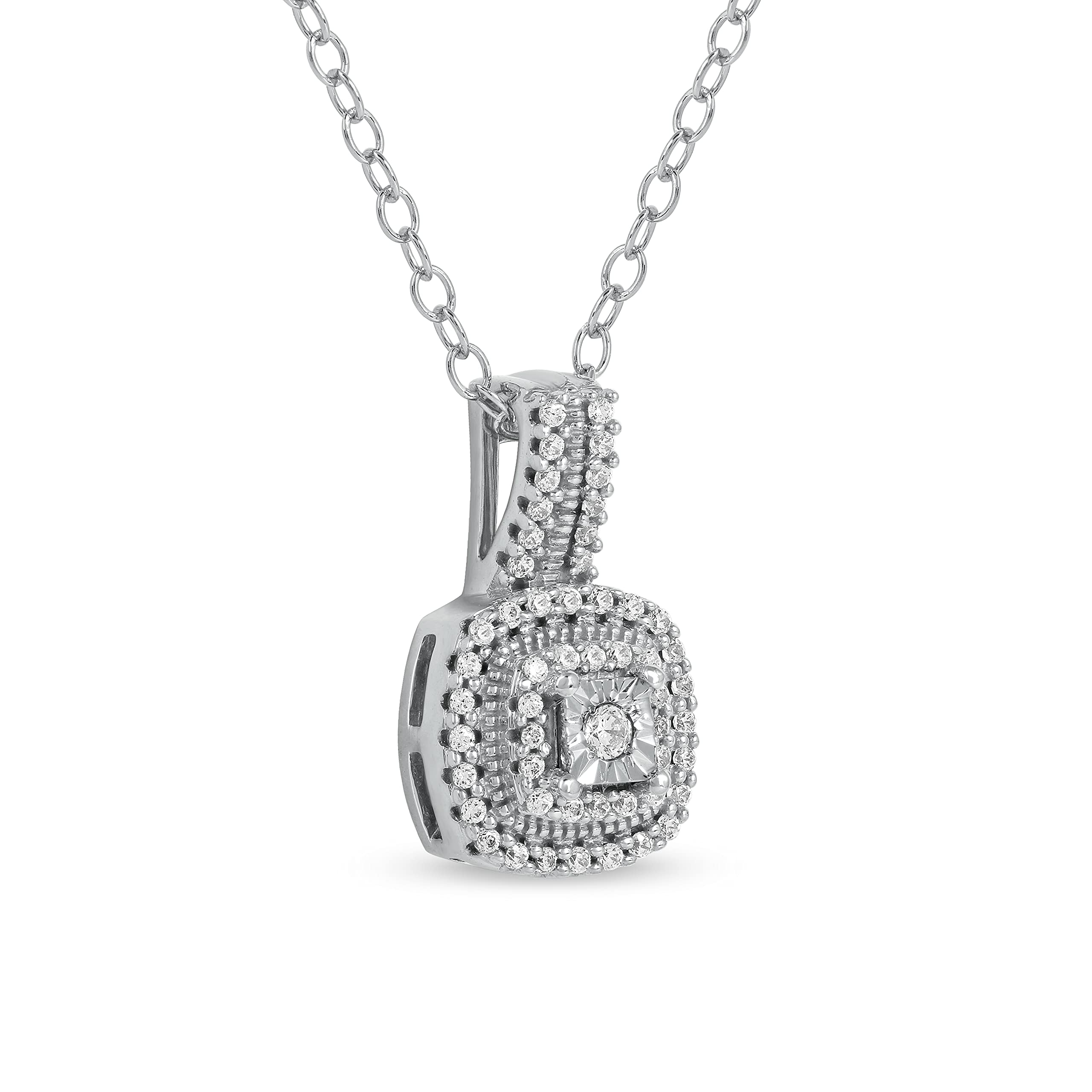 DZON Sterling Silver 1/6ct TDW Round-Cut Diamond Cushion Halo Composite Pendant Necklace Love Jewelry for Women Girl (I-J, I2)