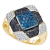 The Diamond Deal 10kt Yellow Gold Womens Round Blue Black Color Enhanced Diamond Square Cluster Ring 7/8 Cttw