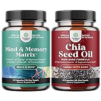 Bundle of Advanced Brain Supplement for Memory and Focus and Chia Seed Oil Extract Capsules - Nootropics Brain Support Supplement - Plant Based Omega 3 6 9 Supplement and Daily Fiber Capsules