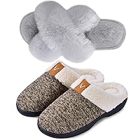 Parlovable Set of 2 Pairs-Women's Plush Cross Band Slippers (Grey) & Memory Foam Cozy House Shoes (Coffee) Comfy Anti-Slip, US Size 7-8