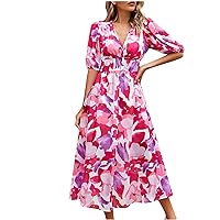 Women's Casual Summer Boho Floral Print Dress V Neck Puff Sleeve High Waist Maxi Beach Dresses Swing Party Sundress