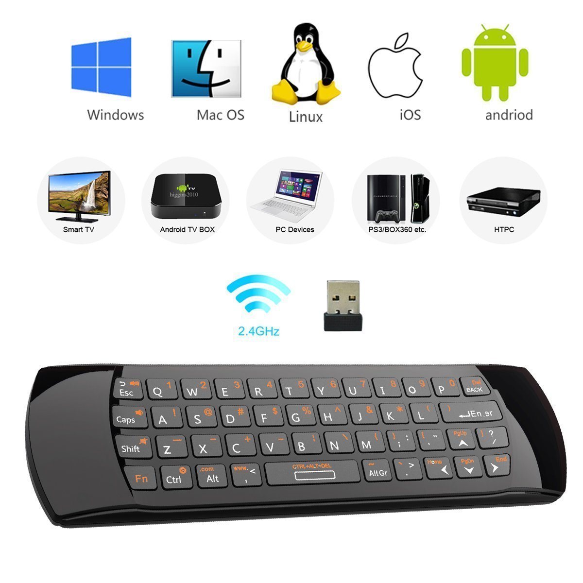 Rii K25 Multifunction Portable 2.4GHz Mini Wireless Fly Mouse Keyboard and Infrared Remote Control with Rechargeable Li-ion Battery (Black)