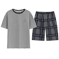 Men's Cotton Pajamas Set Short Sleeves with Plaid Shorts Sleepwear Set Summer Casual Loungewear Set for Mens