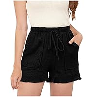 Ruffle Hem Waffle Shorts Women Summer Drawstring Elastic High Waist Shorts Lounge Loose Daily Shorts with Pockets