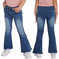 Kids Girls Stylish Flared Jeans Elastic Waist Bell Bottoms Casual Denim Pants Zip Closure Vintage Distressed Trousers