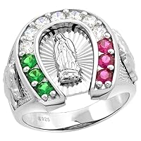 Sterling Silver CZ Mexican Flag Guadalupe Horseshoe Ring for Men Horsehead on Sides 3/4 inch sizes 8-14