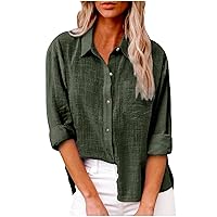 Womens Cotton Button Down Shirt Casual Long Sleeve Loose Fit Collared Linen Work Oversized Blouse Tops with Pocket Army Green