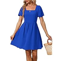 Women Puff Sleeve Square Neck Tie in Back Dresses with Zipper