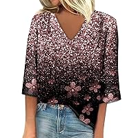 Summer 3/4 Length Sleeve Tops for Women 2024 Fashion Floral Print Tshirt Sexy Ladies V-Neck Basic Daily Blouse Tunic