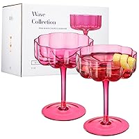 Hot Pink Flower Wave Vintage Art Deco Coupe for Champagne, Martini, Cocktails | 2 Set | Bright 7 oz Classic Cocktail Glassware - Manhattan, Cosmopolitan, Speakeasy Style Saucer Goblet Coupes with Stem