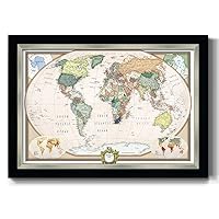 Renditions Gallery Colorful World Map Canvas Wall Art with Modern Black and Silver Frame Wall Hanging Travel Map with Push Pins for Home, Office, Classroom