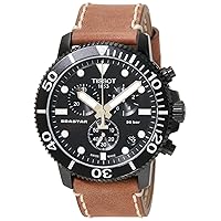 Mens Seastar 1000 Chronograph 316L Stainless Steel case with Black PVD Coating Quartz Watch, Beige, Leather, 22 (T1204173605100)
