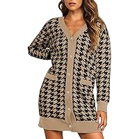 2023 Fall Long Cardigan for Women Long Sleeve Open Front Button V Neck Houndstooth Cardigans Sweaters Dress