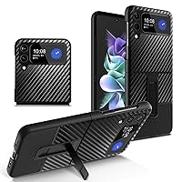 Case for Samsung Galaxy Z Flip 4, Real Carbon Fiber Slim Light Shockproof Case with Camera Protection and Kickstand Full Protection Case,Black