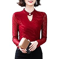 Women's Casual Stripes Mesh Tops Fashion Crewneck Semi Sheer Long Sleeve Stretchy Soft Blouses Elegant Formal Work Shirt