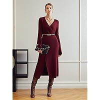 Fall Dresses for Women 2023 WRAP Sweater Dress Without Belt Dresses for Women (Color : Burgundy, Size : Medium)