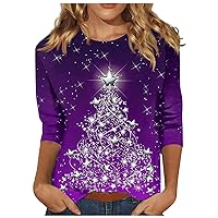 Womens Christmas Tops,Women's Fashion Casual Printed Round Neck Seven-Point Sleeve Top Blouse