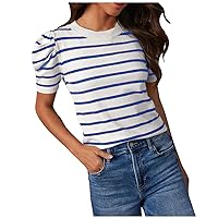 Women's Striped Print Tops Trendy Short Puff Sleeve Crewneck Color Block T Shirts Casual Summer Slim Fit Blouses