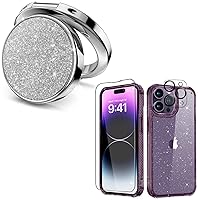 MIODIK Bundle - for iPhone 14 Pro Max Case Clear Glitter (Purple) + Phone Ring Holder (Silver), with Screen Protector & Camera Lens Protector, Protective Shockproof for Women