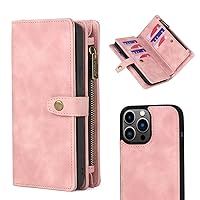 2-in-1 Detachable Magnetic Wallet Phone Case for iPhone 15 14 Plus Pro Max, 11 Card Slots, Wallet with Wrist Strap