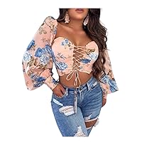 Floral Print Drawstring Lace-up Front Crop Top Blouse for Women Sexy Long Puffy Sleeves (Large)